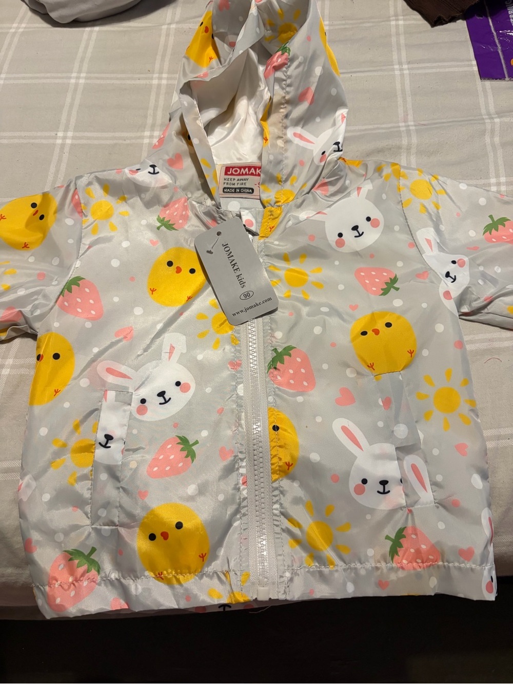 Amazon Kids' Hooded Raincoat - Gray with Yellow, Pink & White Animal Print